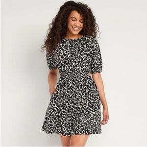 Old Navy Waist-Defined Puff-Sleeve Cotton-Poplin Side-Cutout Mini Dress